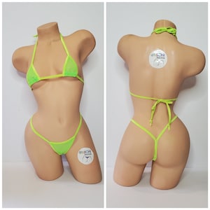 Neon Green Small Hole Fishnet *VERY SHEER* with Your Choice Trim Color Micro Coverage Top Y Back Thong Bottom Bikini Set