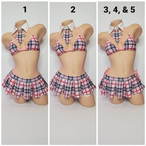 Baby Pink Plaid w/ Baby Pink Trim Micro Mini Skirt Costume Full Coverage Top Pleated Skirt 5 Piece Set