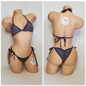 Glittery Navy with Navy Trim Full Coverage Top Scrunch Butt Bottom 2 Piece Micro String Bikini Set One Size
