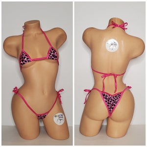 Pink and Black Leopard Print with Hot Pink Trim Micro Coverage Top Scrunch Butt Micro String Bikini Set One Size