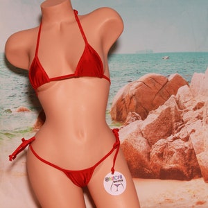 Red with Red Trim Micro Coverage Top Scrunch Butt Bottom 2 Piece Micro String Bikini Set One Size