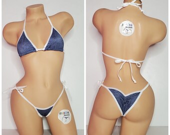 Blue Denim Print w White Trim Medium Coverage Top Scrunch Butt Bottoms 2 Piece Micro String Bikini Set One Size