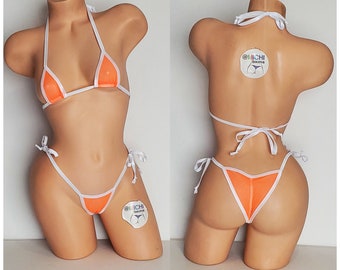 Neon Orange Mesh *VERY SHEER* w/ Your Choice Trim Color Micro Coverage Top Scrunch Butt Bottom 2 Piece Micro String Bikini Set One Size