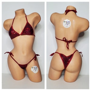 Shattered Holographic Dark Red with Dark Red Trim Medium Coverage Top Scrunch Butt 2 Piece Micro String Bikini Set One Size
