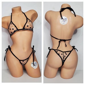 Nude Tulle *Extremely Sheer* Black & Gold Stars with Black Trim Medium Coverage Top Scrunch Butt String Bikini Set One Size