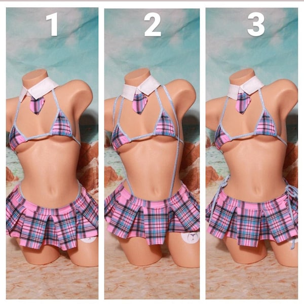 Baby Blue & Baby Pink Plaid w/ Baby Blue Trim Micro Mini Skirt Costume Micro Coverage Top Pleated Skirt 5 Piece Set