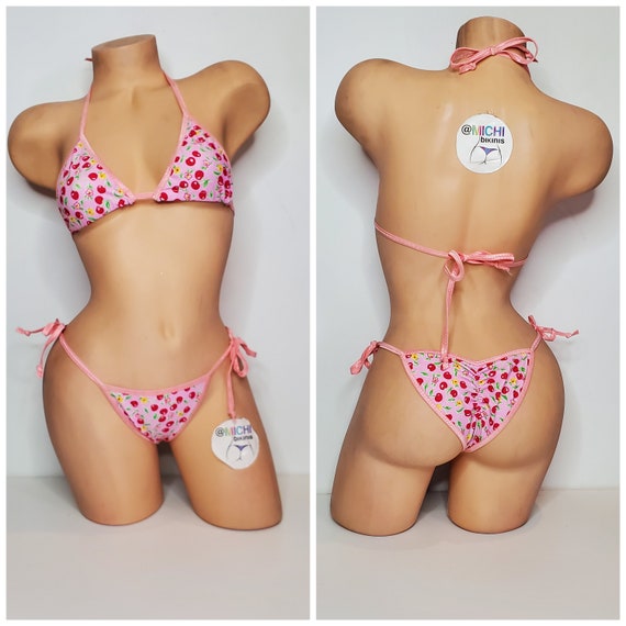 Baby Pink With Cherry Pattern W/ Baby Pink Trim Full Coverage Top Scrunch  Butt Bottom 2 Piece Micro String Bikini Set One Size -  Canada