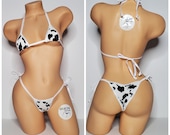 Black and White Cow Print w Your Choice Trim Color Micro Coverage Top Scrunch Butt Bottoms 2 Piece Micro String Bikini Set One Size