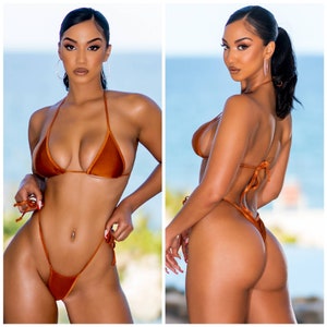 Bronze with Bronze Trim Medium Coverage Top Scrunch Butt 2 Piece Micro String Bikini Set One Size