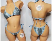Baby Blue Snake Skin Pattern with Baby Blue Trim Full Coverage Top Full Coverage Scrunch Butt 2 Piece Micro String Bikini Set One Size