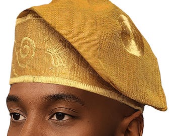 Gold Aso Oke Fila Hat | Authentic Nigerian Yoruba Cap | African Traditional Wedding Headwear | Handmade Men’s Hat | Birthdays | Parties