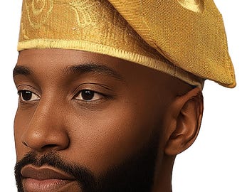 Gold Aso Oke Fila Hat | Authentic Nigerian Yoruba Cap | African Traditional Wedding Headwear | Handmade Men’s Hat | Birthdays | Parties