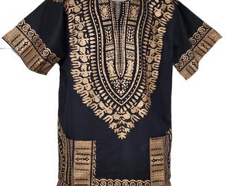 Camisa tradicional africana dashiki negra y dorada