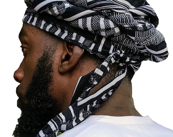 Black and White Kente African Print pre-tied Turban for Men