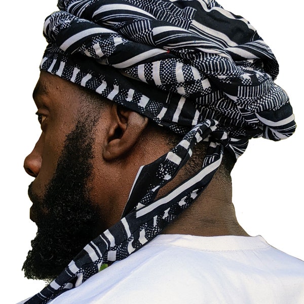 Black and White Kente African Print pre-tied Turban for Men