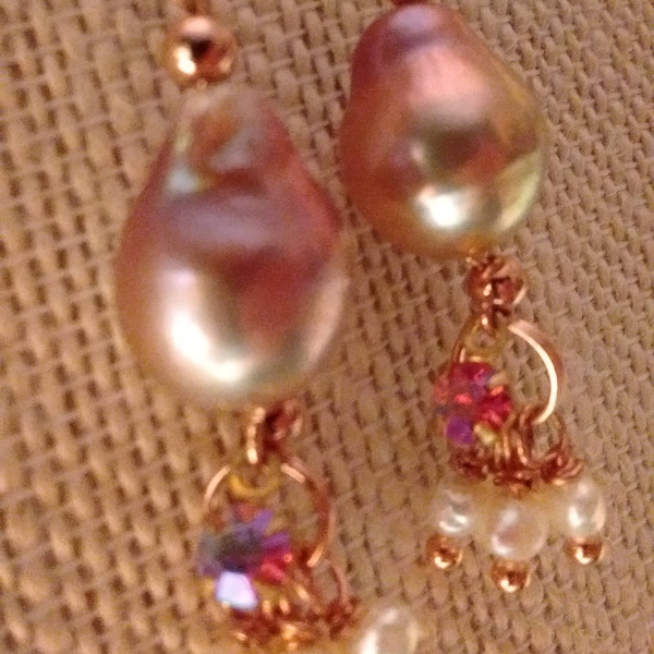 14kRose Gold Vermeil, Pink pearls CZ Diamond Earrings! Gorgeous TearDrop Pink pearl jewelry, Aurora BorealisBaroque Pearls,BaroquePinkPearls