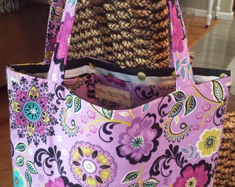 HappyPurpleTote, Market bag, Gym bag, Handmade purse, BohoBag,Romantic  floral purse, Purple vintage feel purse,handmade cotton floral purse
