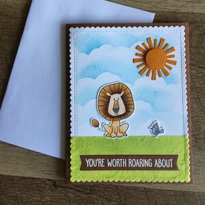 Carte faite à la main avec lion - Carte d’encouragement - Carte pour ami - Carte d’amitié - Funny animals handstamped card