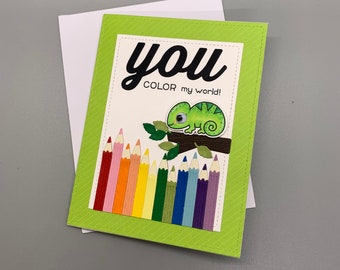 Card with chameleon, Funny animal card, You color my world card, Handmade card with funny animal, Pun card with chameleon