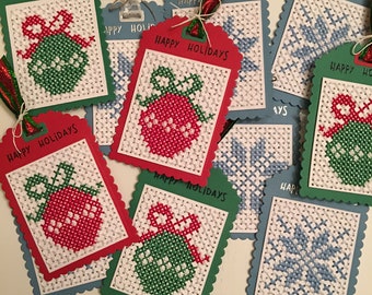 Cross stitched tags - Christmas tags cross stitch - Handmade Christmas tags - Big Christmas tags - Gift embelishments - Snowflake tag -