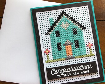 New home card - Housewarming greeting - Cross stitched card - Congratulations card - Welcome to the neighborhood card - Handmade moving card