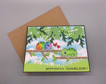 Funny animal handmade card, pun animal greeting card, card with cute chameleon, Happy Valentines card with chameleon