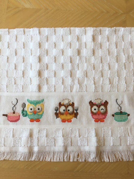 Kitchen Towel With Owls Cross Stitched Owls Handmade Etsy