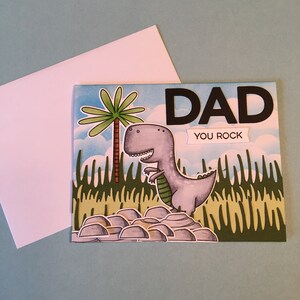 Carte de fête des pères heureuse - Carte de fête des pères drôle et heureuse - Carte faite main pour papa - Carte de papa, vous rock - Carte de fête des pères dinosaure