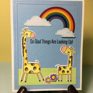 Handmade card with giraffes - Encouragement card - Uplifting note with giraffes - Funny animal card - Giraffes in a card - Rainbow card