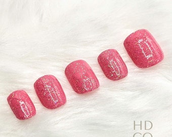 Glitter Pink Glossy Nails, Short Square Nails, Handmade Canadian Press-On Nails, 24 Piece Nail Set Gift, At Home Beauty