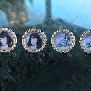 Bettie page classic pinup stud earrings black and white photo in a silver frame