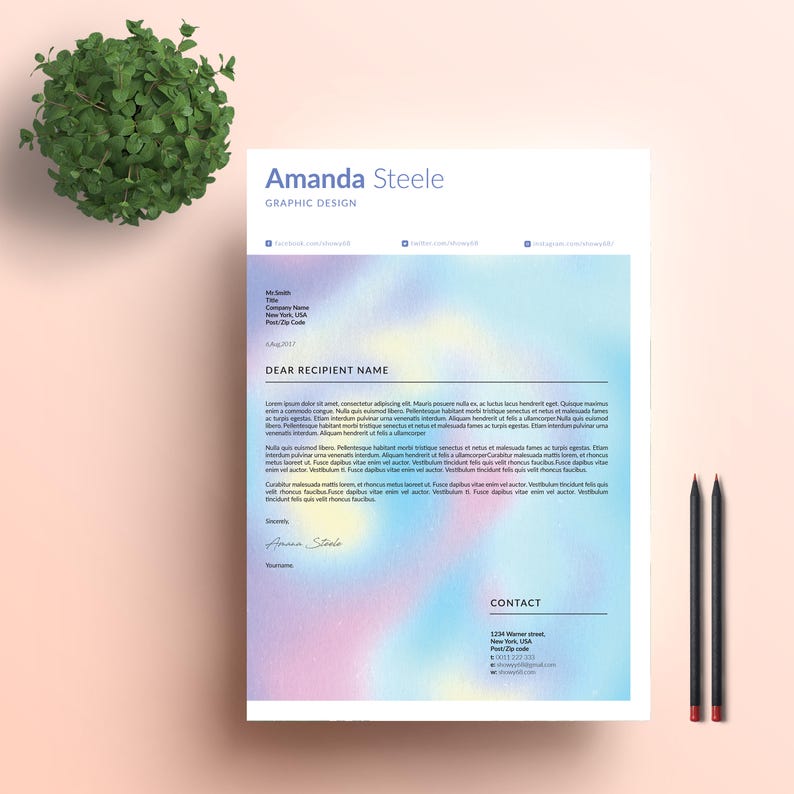 SALE ! 20/% Off Holographic Resume Template CV Template Letterhead N
