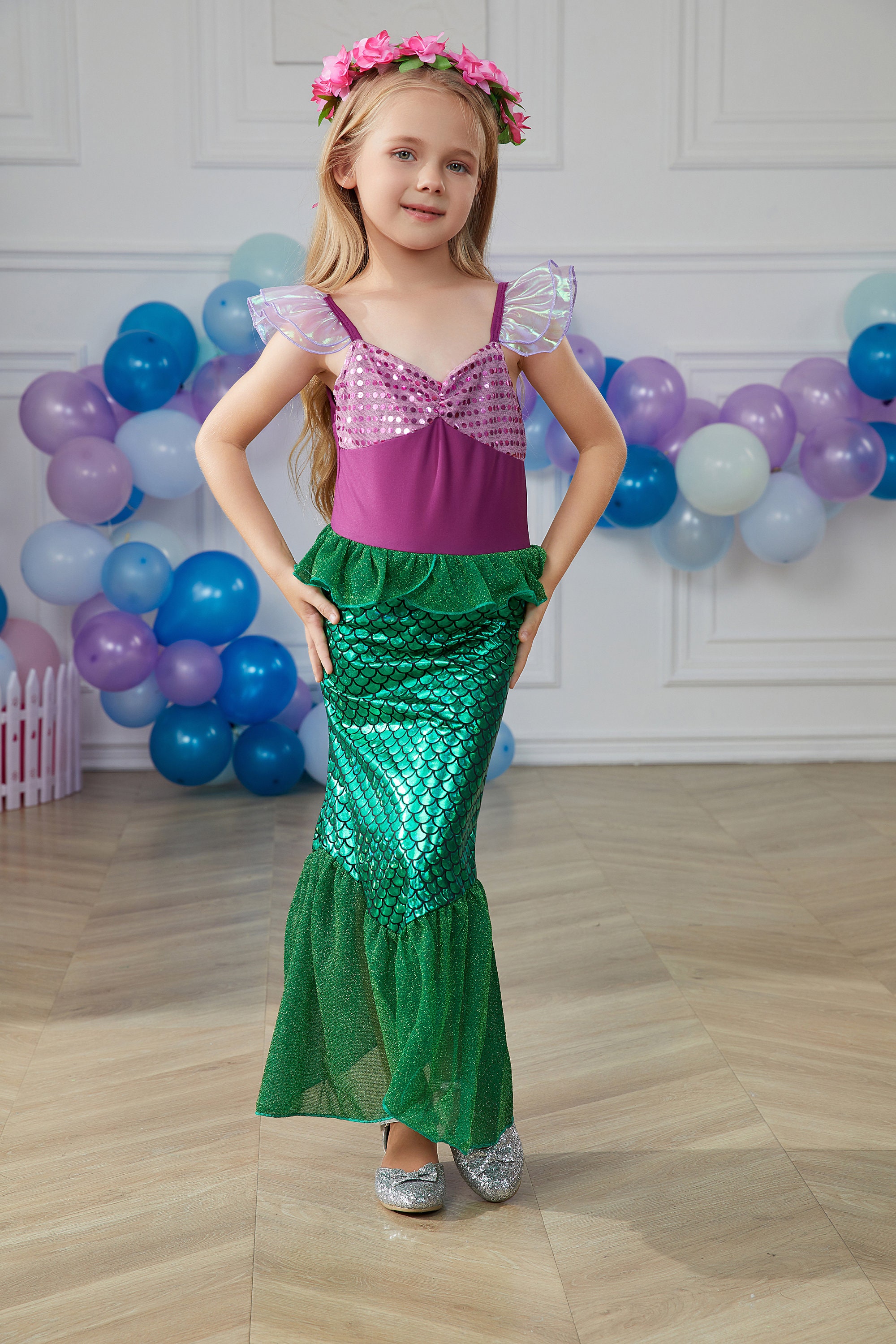 2023 Nuevo disfraz de sirena para niñas con diadema Vestido de