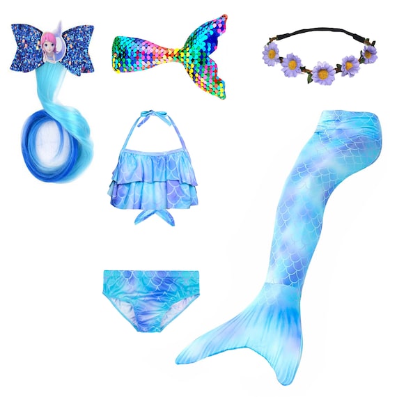 Romance Zone Coda da Sirena per Nuotare Costumi da Bagno Ragazza 5pcs  Mermaid Insiemi del Bikini Costume da Sirena Bambina con Fascia di Fiori e  Monopinna (Stile 2 (No Monopinna) 