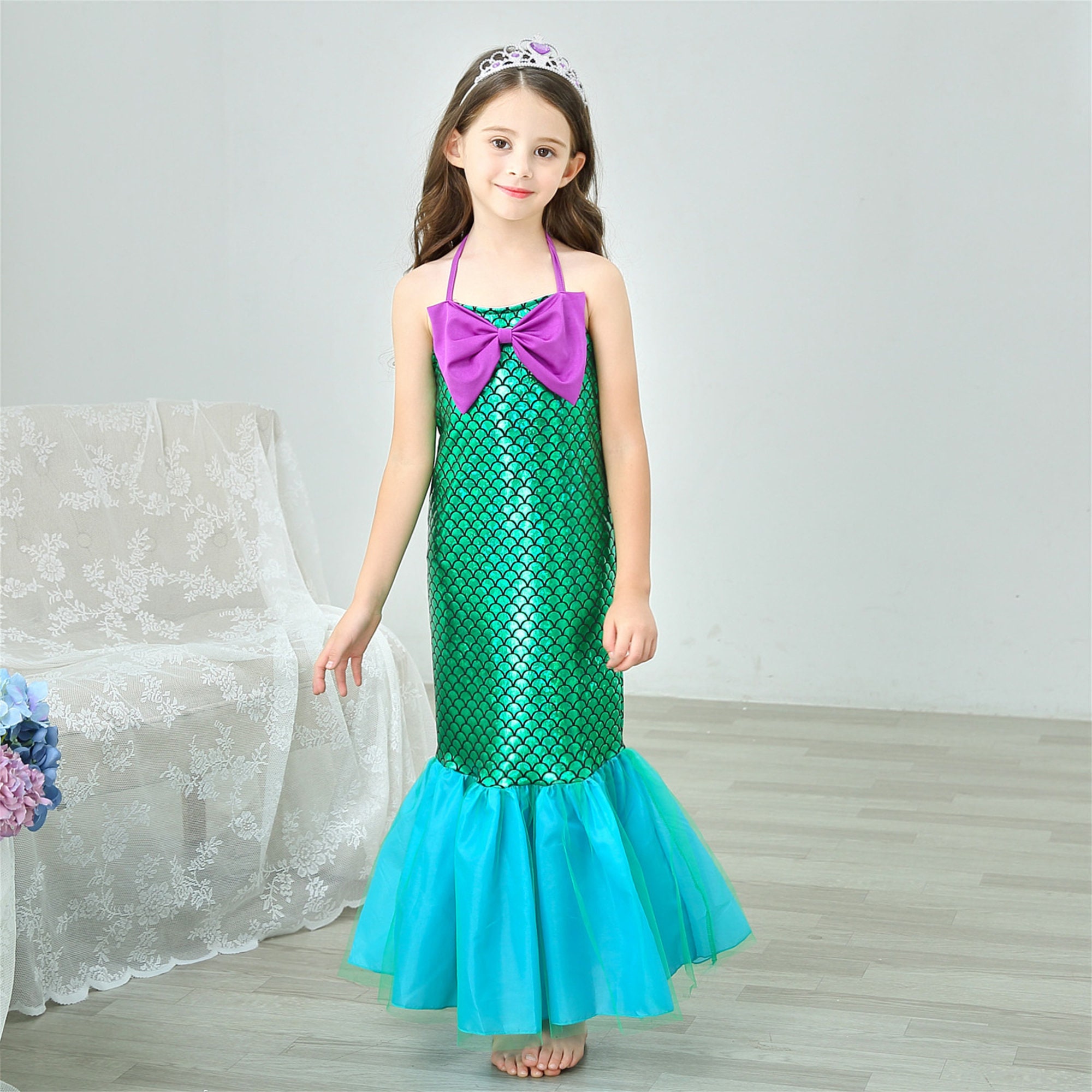 Robe de princesse sirène illuminée à Led Up, costume de sirène pour filles,  tenue de sirène de fête Tutu robe avec bandeau, costume d'anniversaire de  Noël d'Halloween