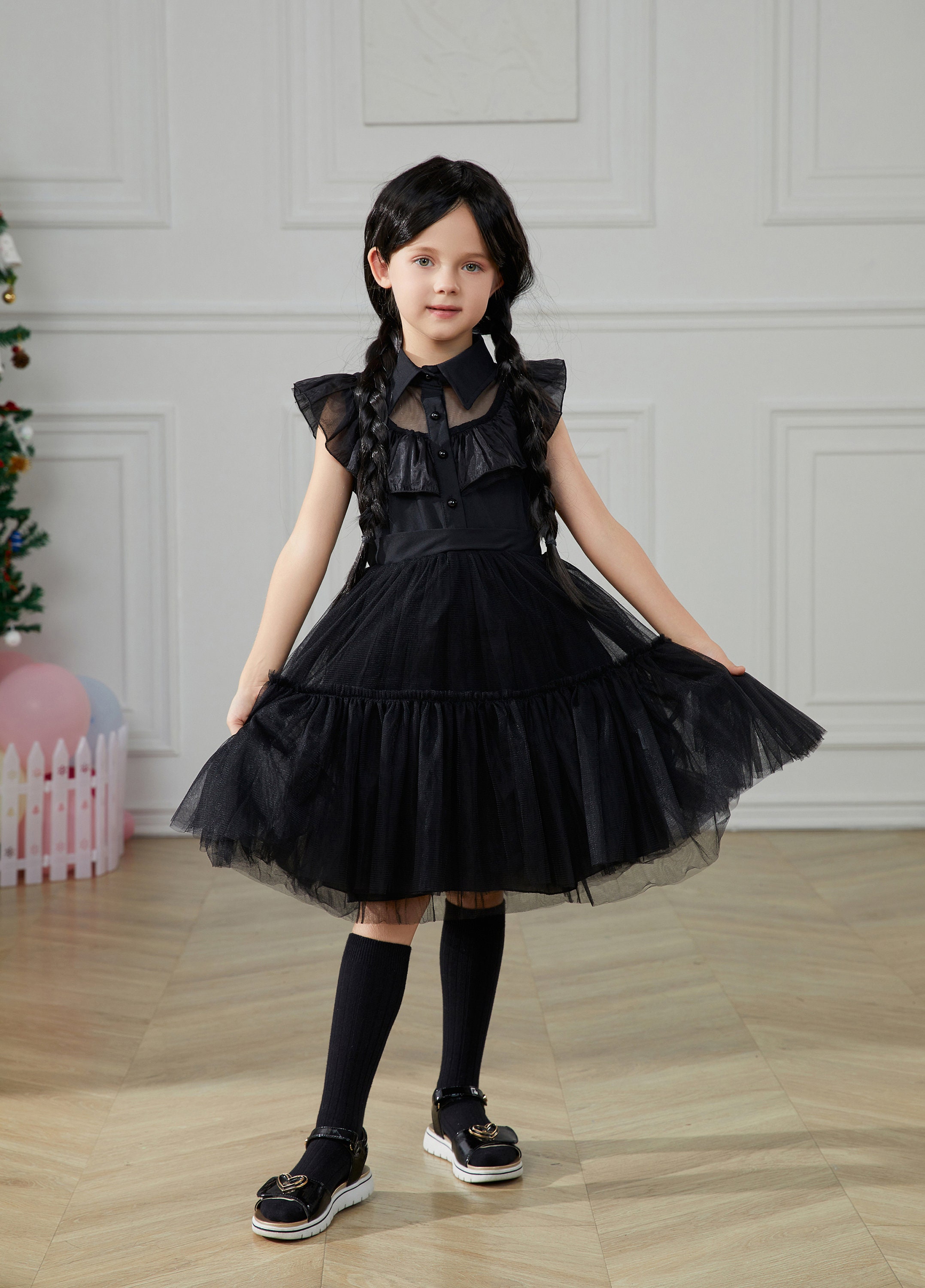  FAYBOX Wednesday Addams Costume for Girls,Wednesday Addams with  Dress Wig Halloween Costume for Kids Toddler : Toys & Games