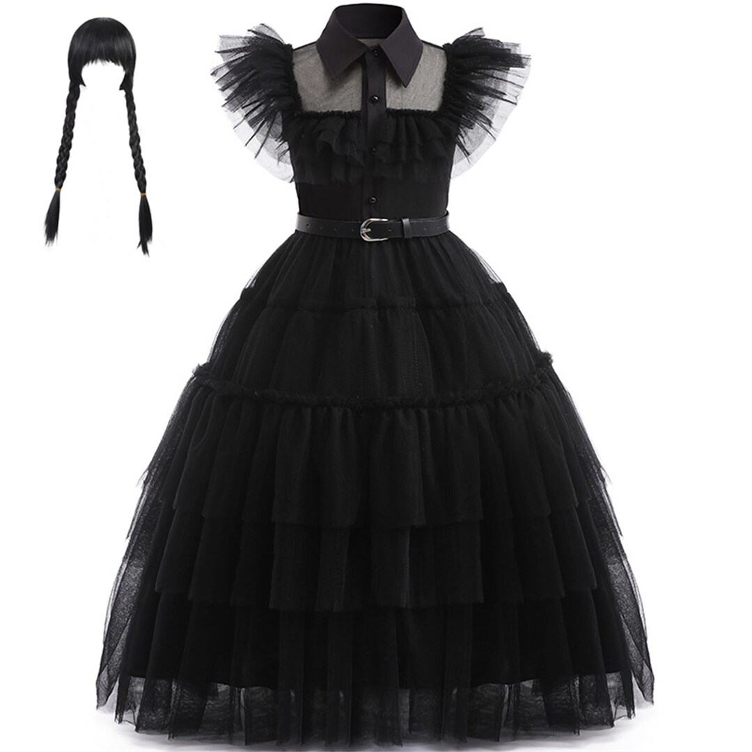 2023 Girls Black Dress for Wednesday Elegant Party Dress With Wig and ...
