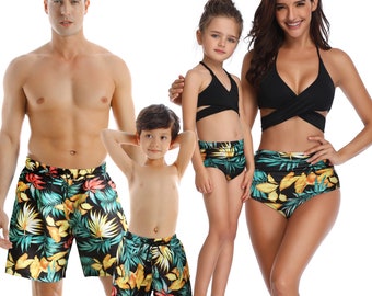 Family Matching Cute Cartoon Bear&Balloon Print Bathing Suit Couples Siblings Bikini Sets Swim Trunks 