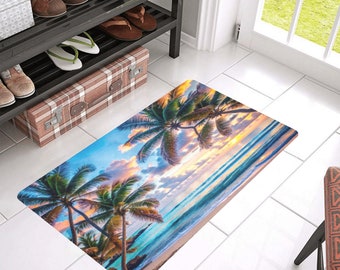 May include: A tropical beach scene with palm trees and ocean waves. The rug is a light blue color with a sunset sky and white sand beach.