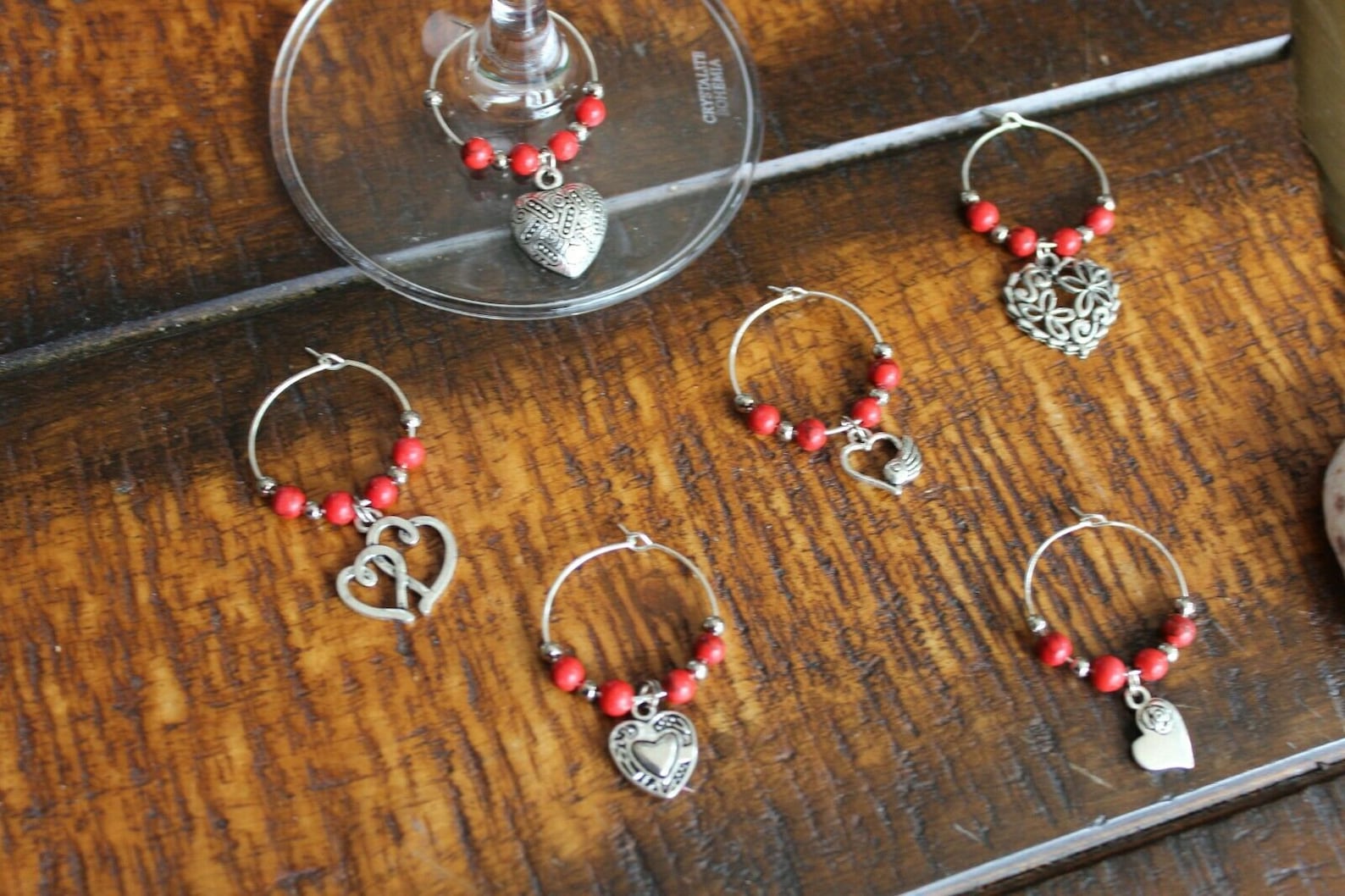 Wine Glass Rings Red Turquoise Beaded Heart Love Wings Rings Set of 6