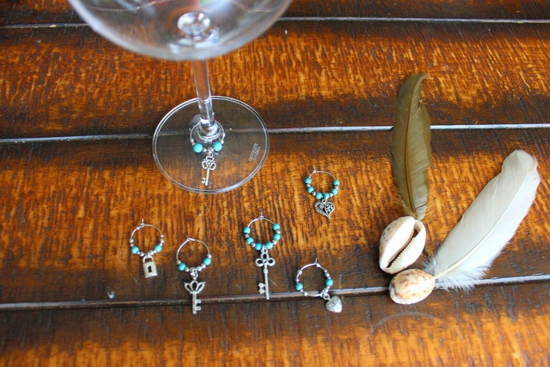 Wine Glass Rings Lovely Turquoise Silver Key Heart Love Handmade Rings Set of 6 Etsy