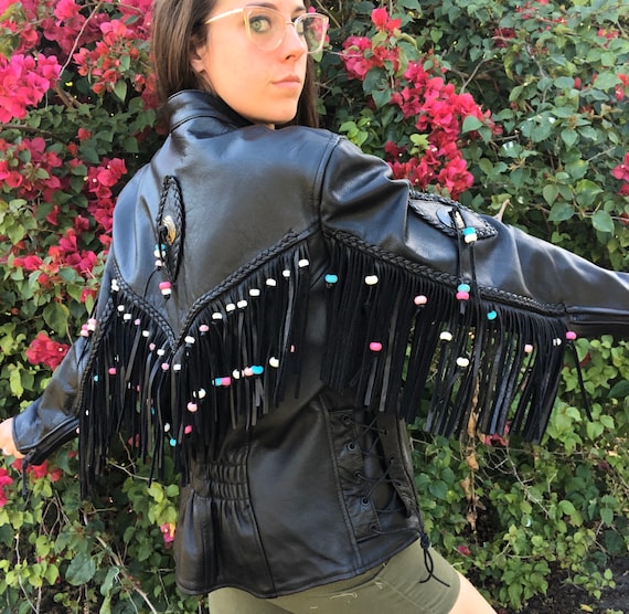 Vintage Fringe Leather Beaded Lace Up Faux Turquoi