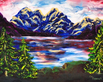 May include: A painting of a mountain lake scene with a blue sky and white clouds. The mountains are a deep blue with gold highlights. There are two green pine trees in the foreground.