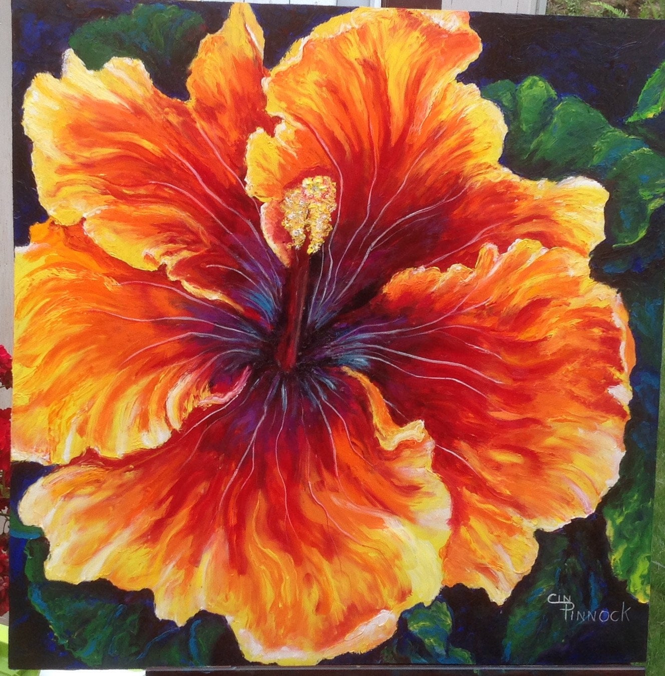 油絵アート（orange flower） Hibiscus Flower Bloom Bright Colorful Original Oil Painting