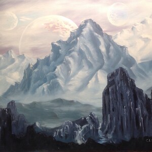 Celestial/art/alien landscape/three moons/Sci Fi art/moons/science fiction/outer space/fantasy/alien/original/planet/mountain/painting/