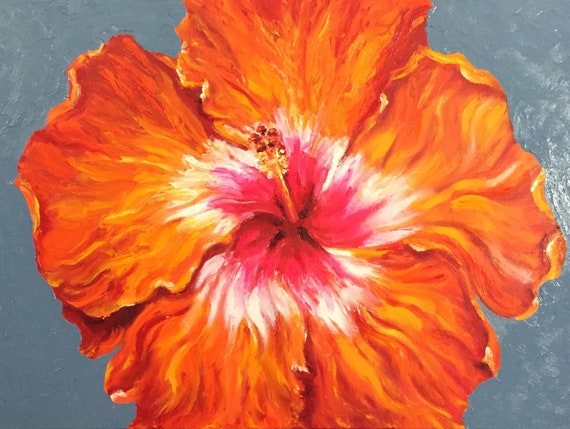 Hibiscus Orange Flower Nature Garden Floral Original Oil Painting
