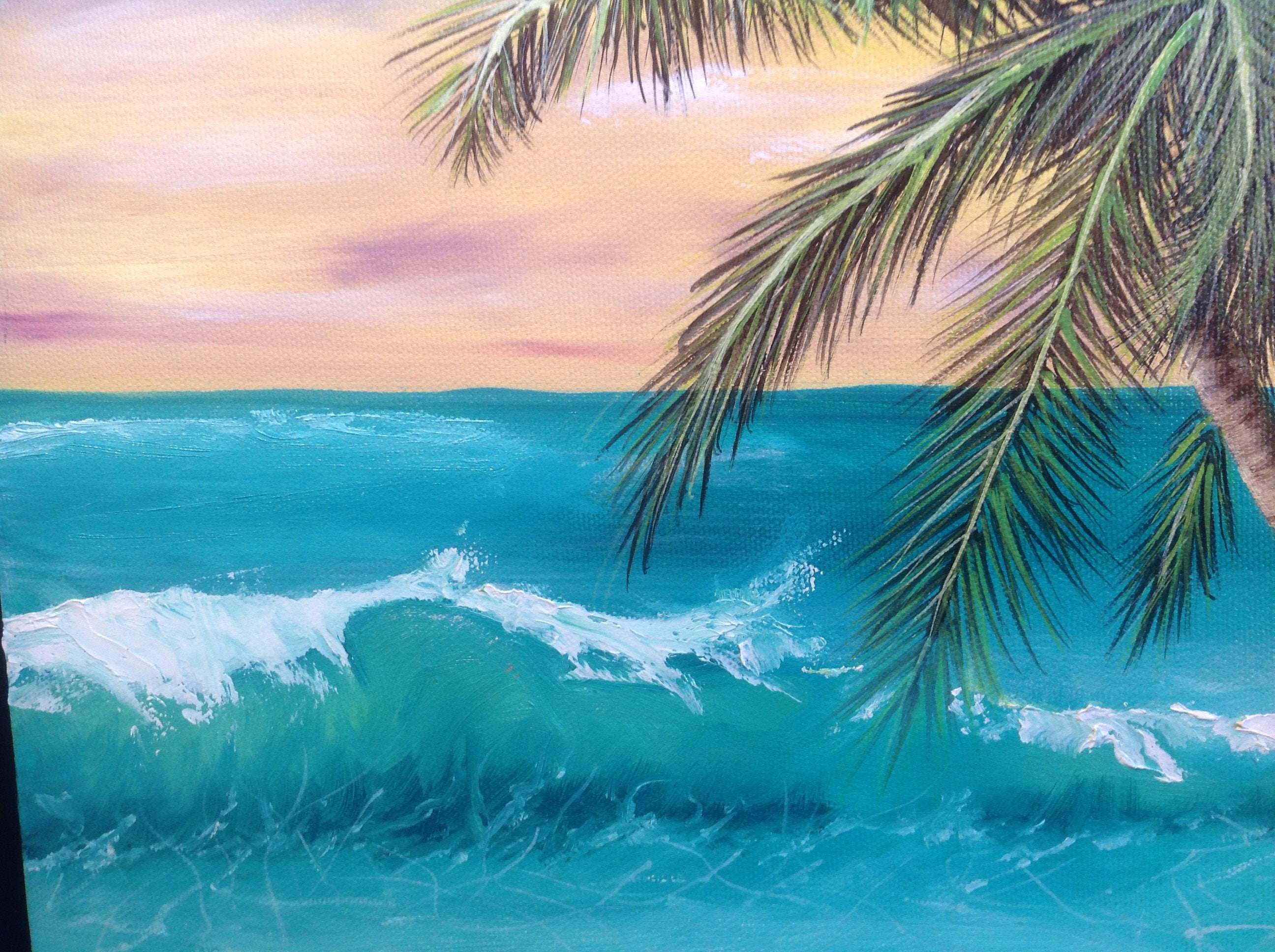 Ocean Beach Painting Palm Tree Sunset Beach Art Original Oil Tropical ...