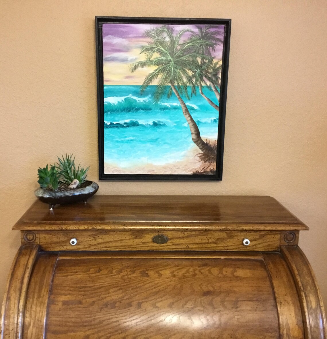 Ocean Beach Painting Palm Tree Sunset Beach Art Original Oil Tropical ...