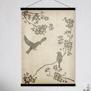 Oriental Birds Cherry Blossom Print, Floral Chinoiserie Style Ink Asian Chinese Scroll Feng Shui Modern Minimal Decor Eco Friendly Gift