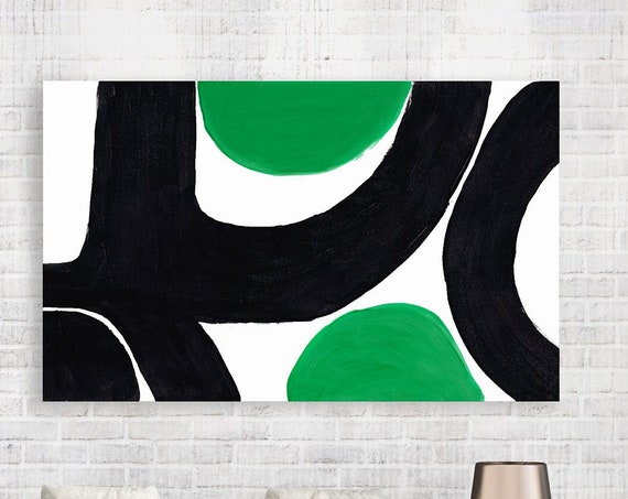 Abstract Acrylic Black Lines Print, Oversized Contemporary Geometric Green Poster Minimal Modern Beach Office Wall Decor Eco Friendly Gift